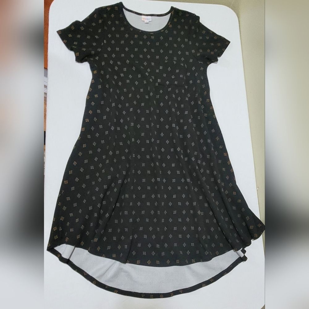 Lularoe Size XS Carly Black Gold Patterned High Low Swing Dress